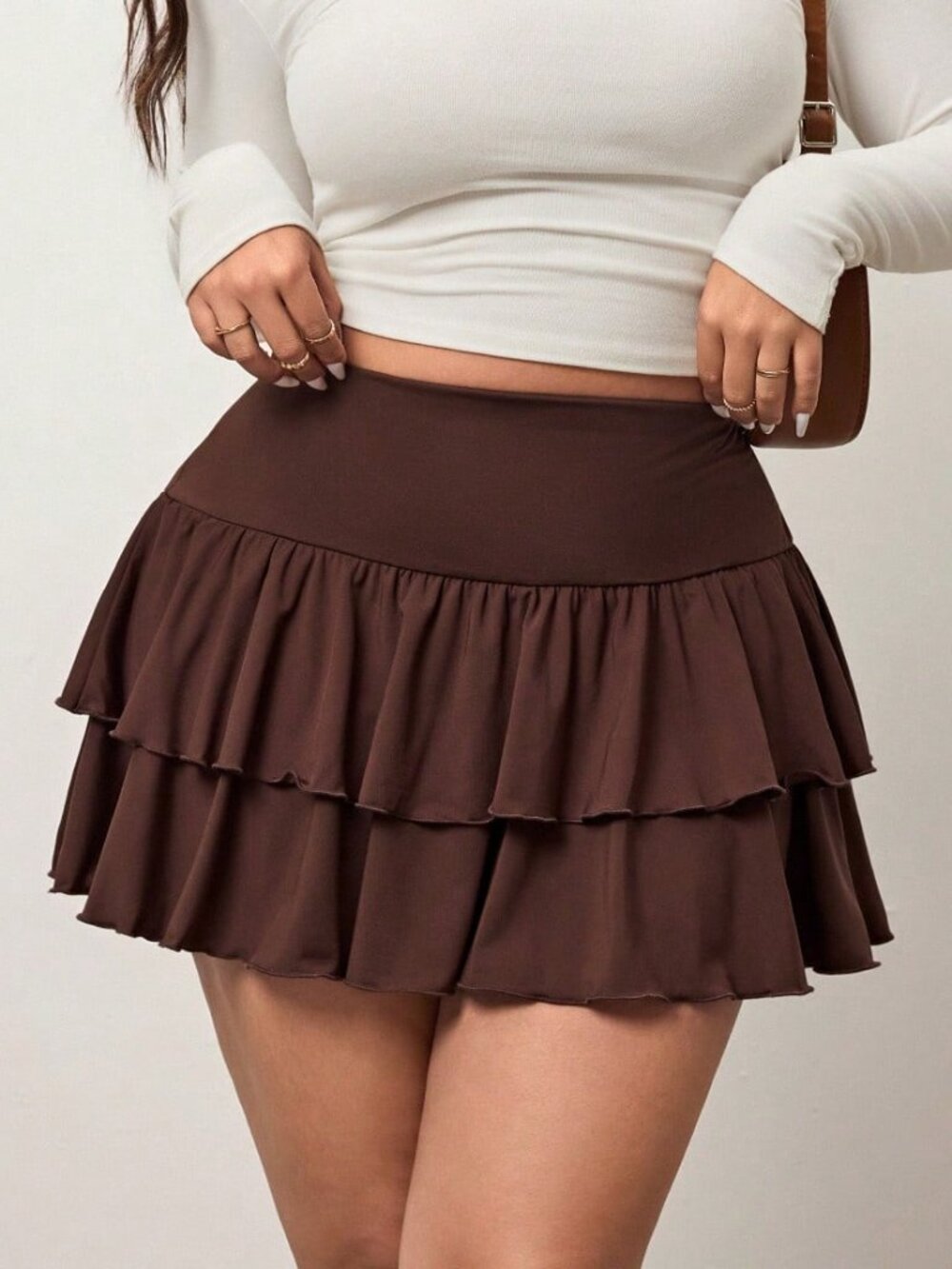 Chocolate Brown Women's Plus Size Tiered Low Waisted Mini A-Line Skirt - Picture 3 of 6